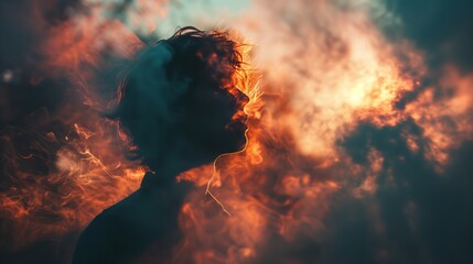 Silhouetted person against a backdrop of vibrant, flame-like mist