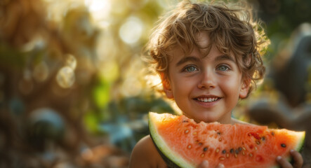 Smiling child enjoying watermelon outdoors