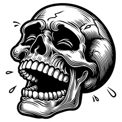 Cartoon laughing Human Skull sketch engraving generative ai fictional character PNG illustration. Scratch board imitation. Black and white image. Tattoo.