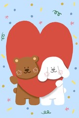 cute teddy bear with white dog are in love with big heart on blue background. bubble word for Valentines day decoration card. illustration sign/label.