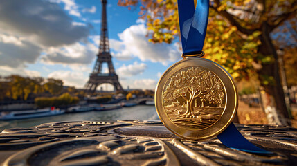 Close up of gold medal with blurry Eiffel tower background. Olympic games concept.	