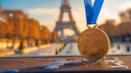 Close up of gold medal with blurry Eiffel tower background. Olympic games concept.	