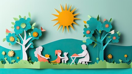 Obraz premium Papercut art of a joyful family having a picnic in a park, with colorful paper trees and a bright paper sun.