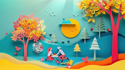 Papercut art of a joyful family having a picnic in a park, with colorful paper trees and a bright paper sun.