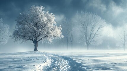 A lone tree stands in a snowy field