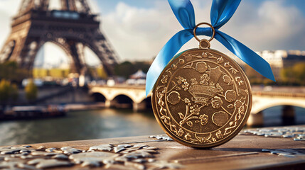 Close up of gold medal with blurry Eiffel tower background. Olympic games concept.