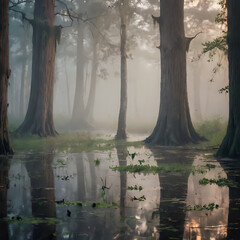 trees in a forest with water and fog in the foreground