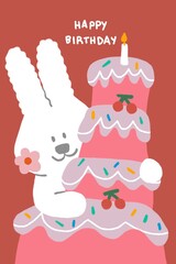 a cute white rabbit with pink birthday cake and cherry on top with red background.minimal greeting card, illustration birthday card with blessings word.