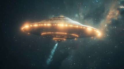 Obraz premium a ufo with bright beams of light in the night sky, suggesting a mysterious extraterrestrial spaceship