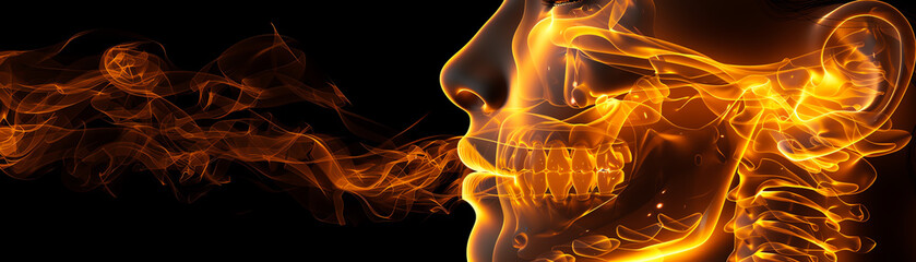 The image shows a man's face made of fire. The fire is orange and yellow, and the man's face is in profile. The background is black.