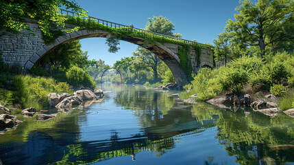 Serene River Landscape with Bridge under Blue Sky