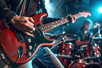 Obraz premium Rock band playing on stage. Close up of male hands playing electric guitar.