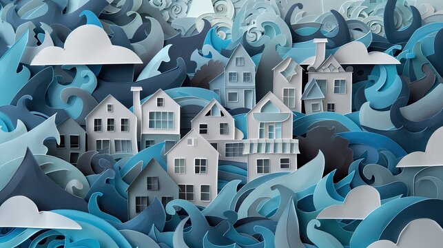 Papercut art of a suburban area with houses using natural gas, depicted by blue and gray paper flames.