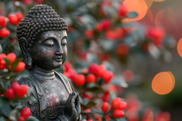 Bust of Buddha statue sitting in ZEN garden with flowers around