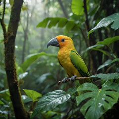 Fototapeta premium a yellow and green bird sitting on a branch in the forest