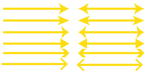 Yellow long arrow to the left. Straight long arrow, left thin line, yellow cursor, horizontal element, thick pointer vector icon isolated.