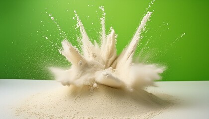 white sand splattered exploding on the green background with drops wallpaper