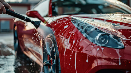Expert car washer uses a high-powered water spray to clean a sleek, red sports car. The man carefully removes dirt to prepare the stylish vehicle for further cleaning.