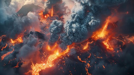 A volcano is erupting, lava is flowing.