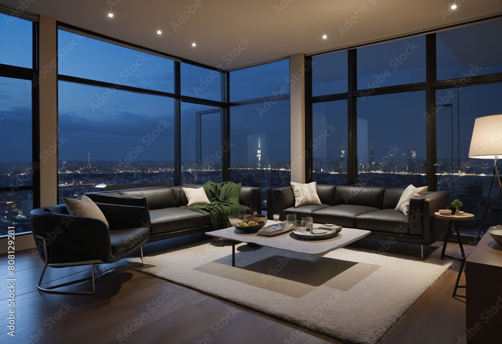 Poster three-dimensional illustration of a luxurious and stylish modern apartment with big windows, created