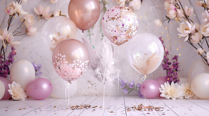 An elegant display featuring balloons filled with confetti and feathers, surrounded by spring flowers like magnolias and violets, 