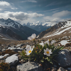 a some white flowers growing out of the rocks in the mountains