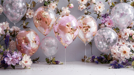 An elegant display featuring balloons filled with confetti and feathers, surrounded by spring...