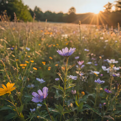 a many different flowers in a field with the sun setting