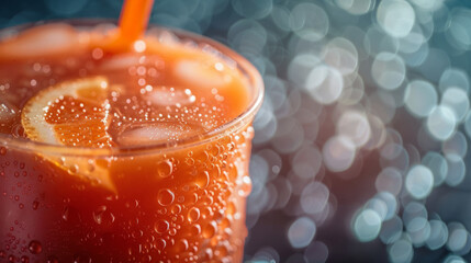concept of refreshment: condensation on a chilled tomato juice glass with a straw represents a thirst-quenching sensation