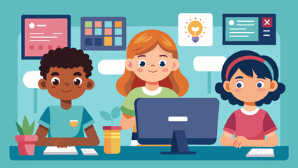 In a dedicated computer lab kids learn the basics of HTML and CSS as they build their own websites to showcase their favorite hobbies and interests.. Vector illustration