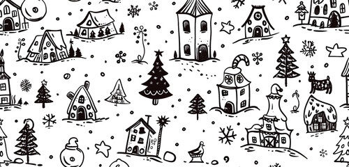Seamless doodle pattern with black and white holiday motifs.