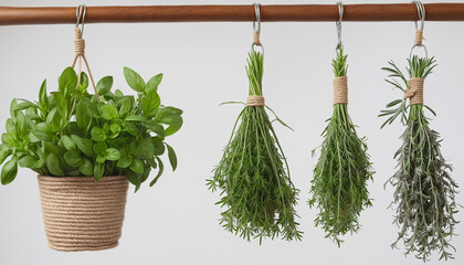 Basil and thyme herbal bundle hanging on a wooden wall with rope 