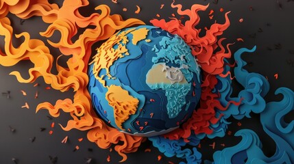 Naklejka premium Papercut art showing a globe with half covered in smoke and flames and half in vibrant life, symbolizing the choice humanity faces