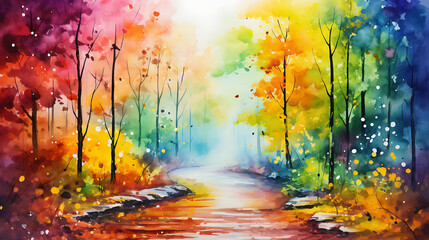 Obraz na płótnie Canvas Paint a watercolor background capturing the vibrant colors of autumn in a forest