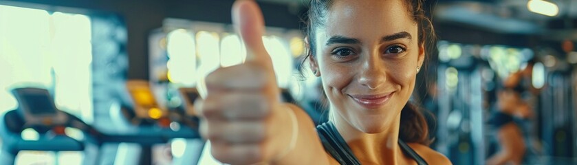 Energetic woman in a gym giving thumbs up motivational fitness environment - Powered by Adobe