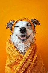 Happy dog wrapped in a spa towel headband on