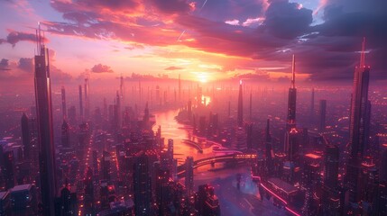 The sun sets over a beautiful city