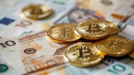 Cryptocurrency Bitcoin coins and banknotes