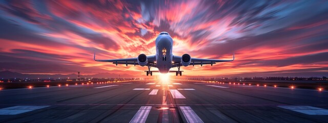 A plane is flying over a runway with a beautiful sunset in the background. Concept of freedom and adventure, as the plane soars through the sky, leaving a trail of light in its wake