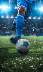 professional soccer player kick ball at stadium closeup shot, football match and championship, leg in sport shoe close-up
