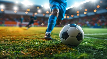 Naklejka premium professional soccer player kick ball at stadium closeup shot, football match and championship, leg in sport shoe close-up