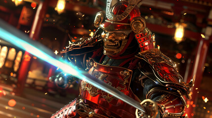 A steampunk samurai with mechanical red armor and a glowing blue energy blade, defending an ancient temple from clockwork automatons in a world where technology meets tradition