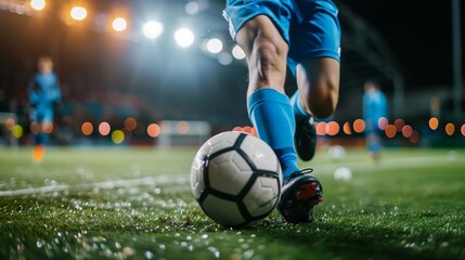 professional soccer player kick ball at stadium closeup shot, football match and championship, leg in sport shoe close-up