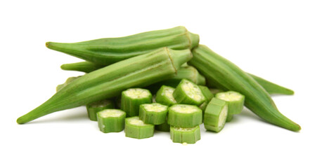 Fresh raw okra isolated on white background, horizontal with copy space