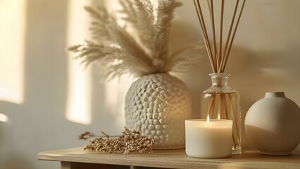 Design Concept: Scented Candle and Reed Diffuser Displayed on Wooden Shelf. Concept Home Decor, Aromatherapy, Wooden Display, Fragrance Products