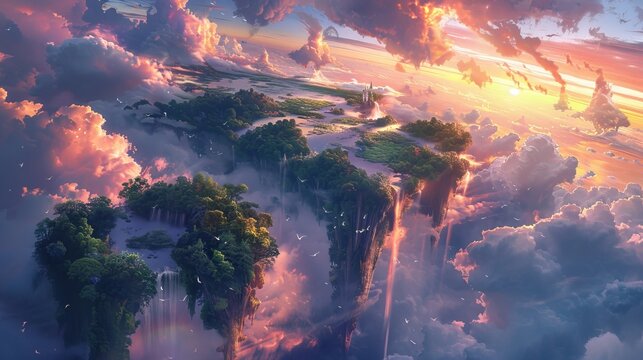 The image is a beautiful landscape of aYi Shi Jie floating islands in the sky