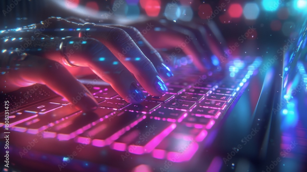 Poster the image is a circuit board with a glowing pink and blue light. the circuit board is in focus and t