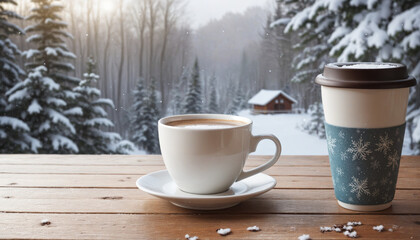 Winter Morning Vibes: A Hot Drink on a Wooden Table with a Snowy Background