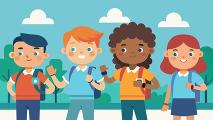 A group of kids wearing their smart safety bracelets which alert parents and teachers if they wander too far from designated areas during a school. Vector illustration