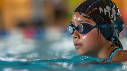 Young Latina girl swims in a competition, wearing a swim cap and goggles.